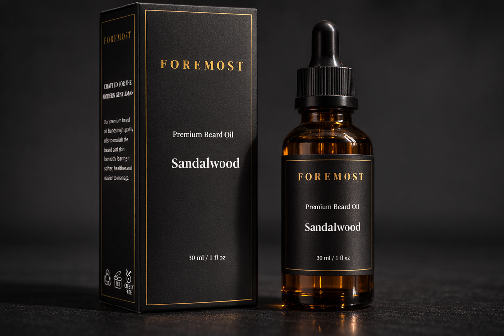 Foremost Sandalwood premium beard oil bottle and packaging on a dark background